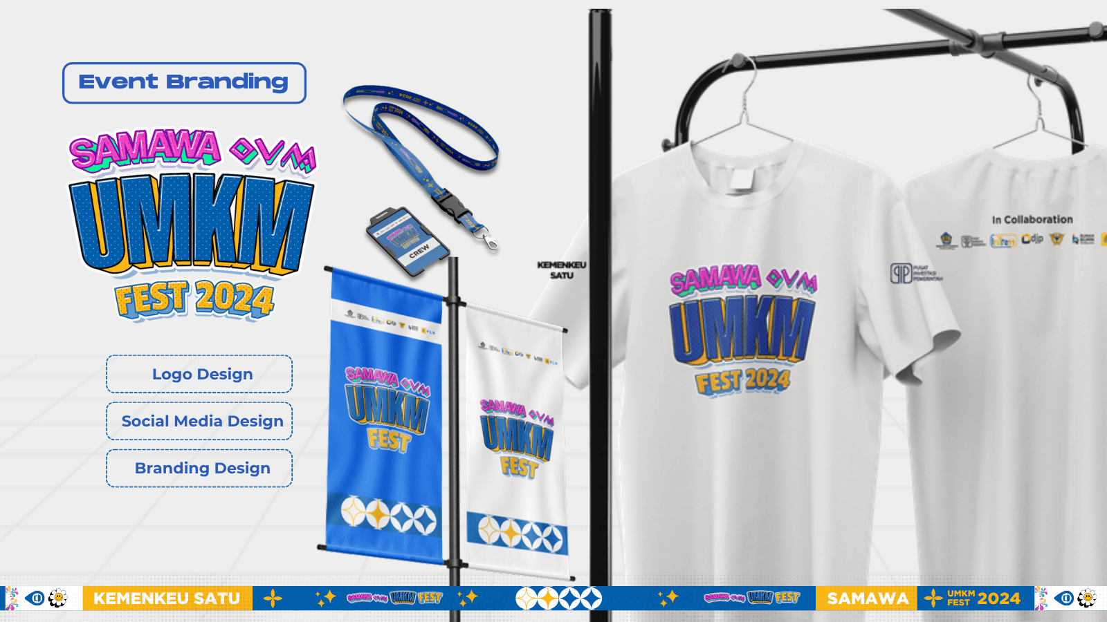 Event branding for SAMAWA UMKM FEST 2024 - lanyard, banners and t-shirt