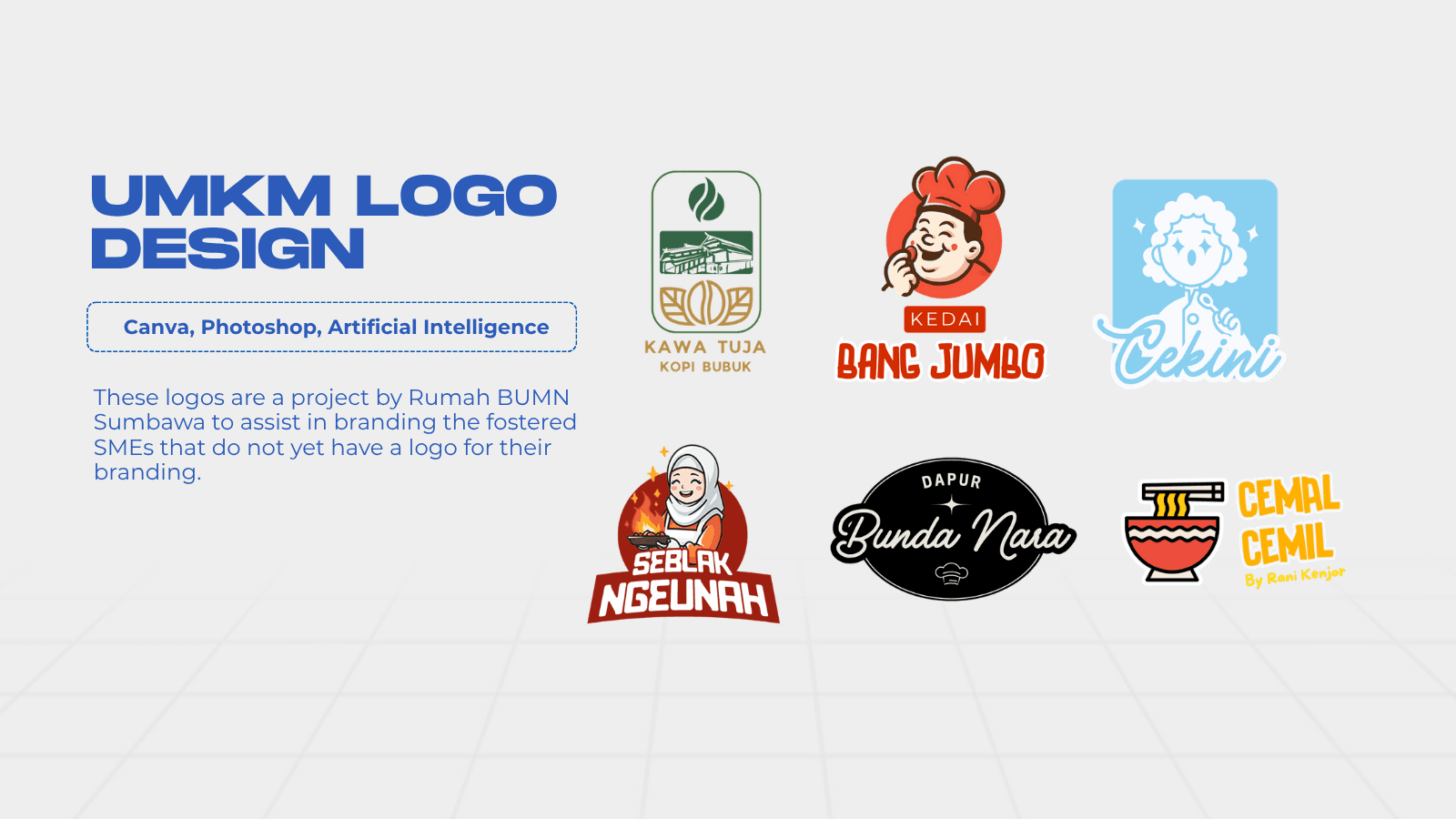 Six UMKM logo designs including Kawa Tuja, Bang Jumbo and Cekini