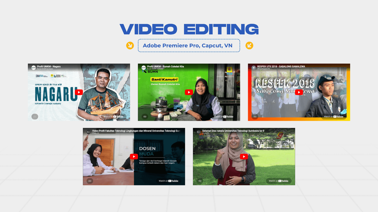 Video editing portfolio thumbnails - UMKM profiles and campus videos