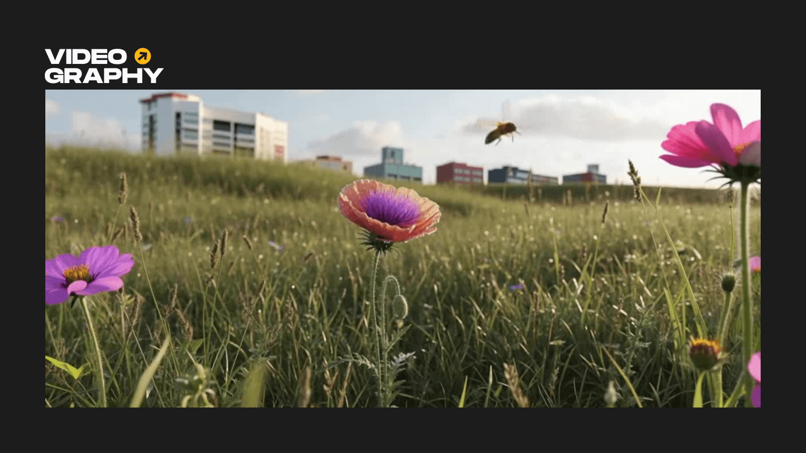 AI videography - meadow with flowers and a bee in front of a city