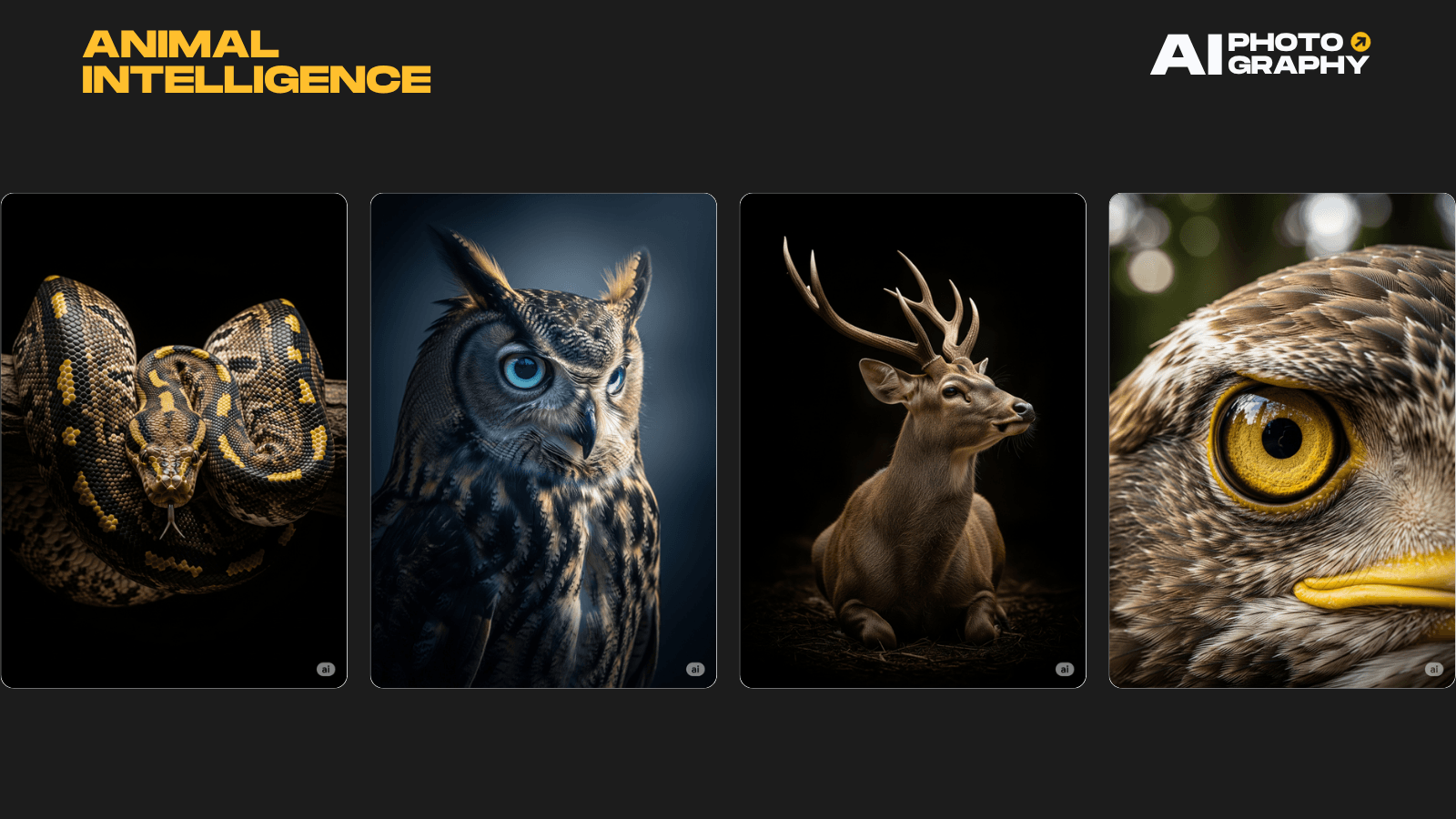 Animal Intelligence - AI wildlife portraits of snake, owl, deer and eagle